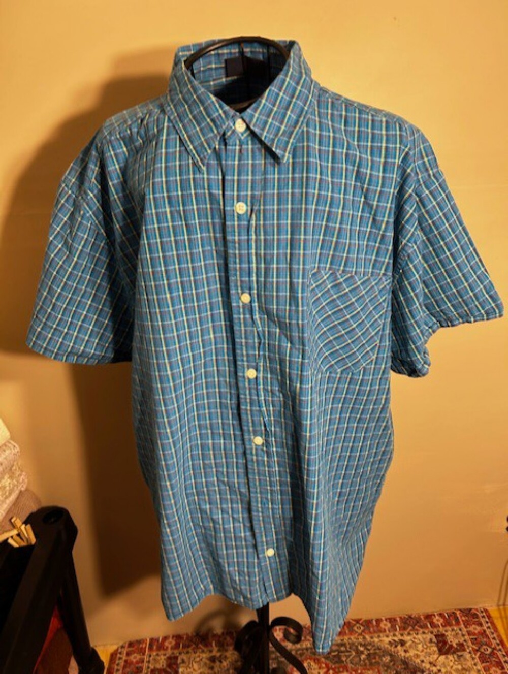 size 2x 2 x xxl mens blue   plaid shirt casual dress  wear short sleeve